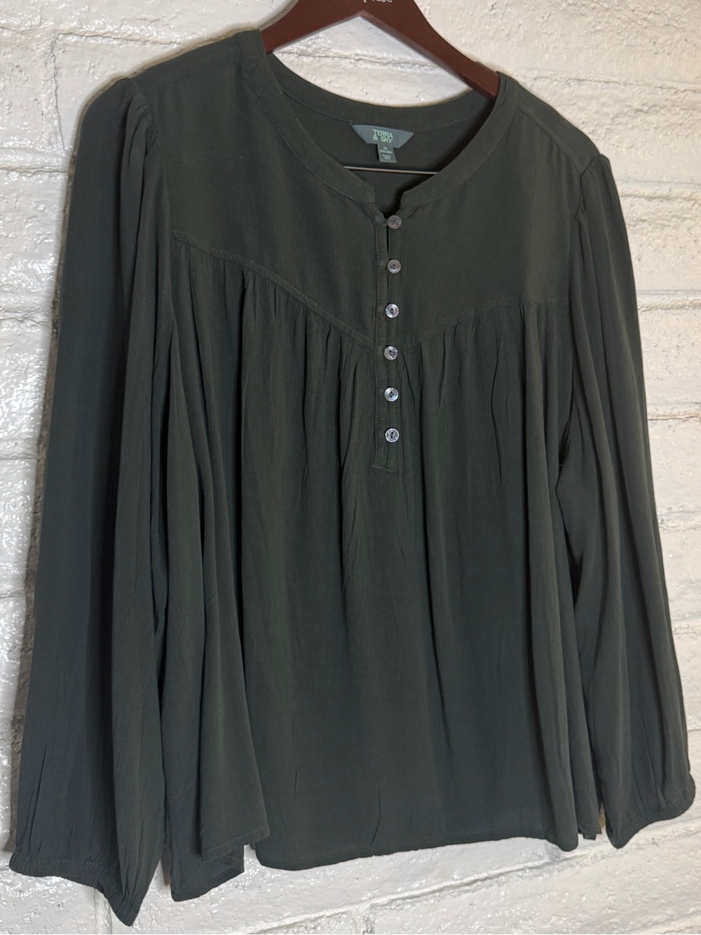 Pleated Button-Front Long Sleeve Blouse in Olive Green